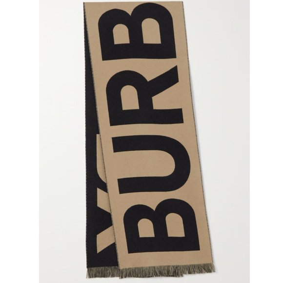 NWT BURBERRY Logo Fringed Wool Jacquard Scarf - Beige Black - Picture 2 of 14